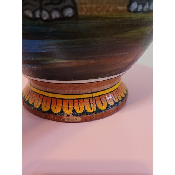 Marked Elephant Painted Wood Vase 11.5 Inch Multiple Elephants Red Yellow - Picture 10 of 16